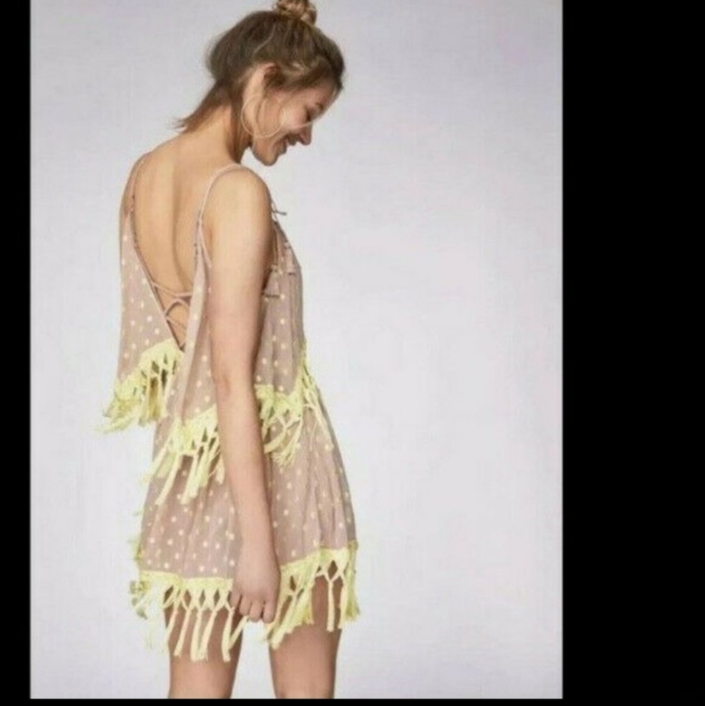 NEW FREE PEOPLE PICNIC IN THE PARK SHEER FRINGE TASSEL MINI DRESS TOP MED - Picture 3 of 11
